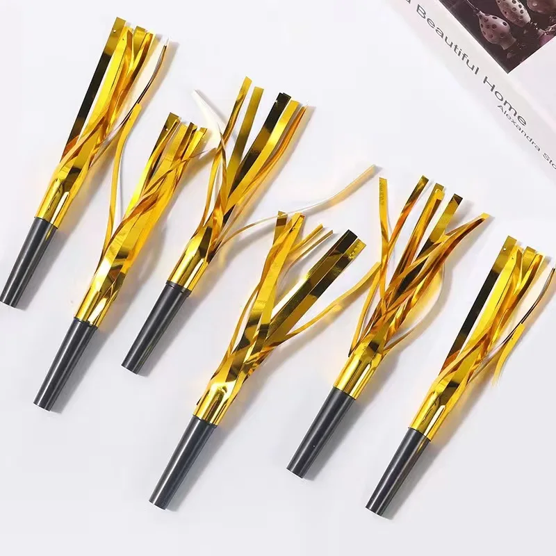 6PCS Party Blowers Whistles Blowouts Glitter Metallic Fringed Noise Makers Gold Musical Blowouts Squawker Whistles for Party