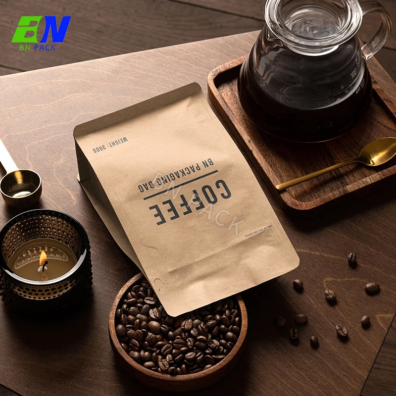 Custom Eco friendly 100% compostable bags cookie Food Grade Packaqing coffee bean pouch Kraft Paper Bag