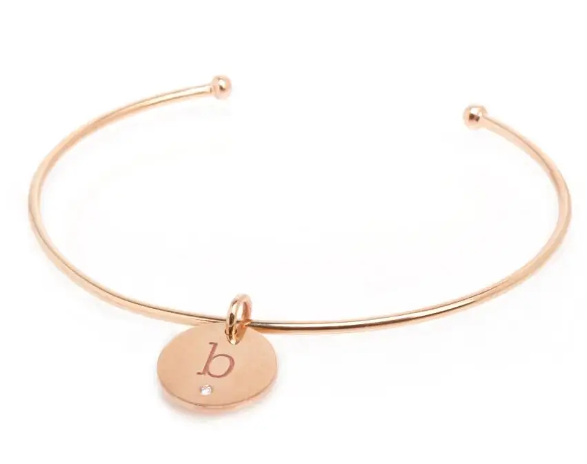 Stainless Steel Gold Open Bangle Gold Thin Round Wire Cuff Bracelet With Engraved Disc Diamond Circle Charm