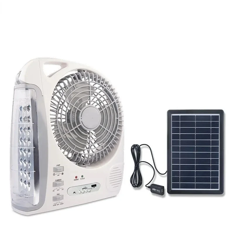 8 Inch rechargeable fan Solar Electric fan portable solar panel power FM radio speaker with LED study table lamp