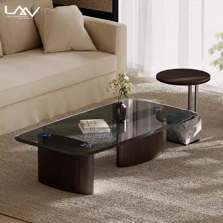 Italian style walnut coffee table set modern hotel villa living room wood leg glass top coffee table and side table furniture