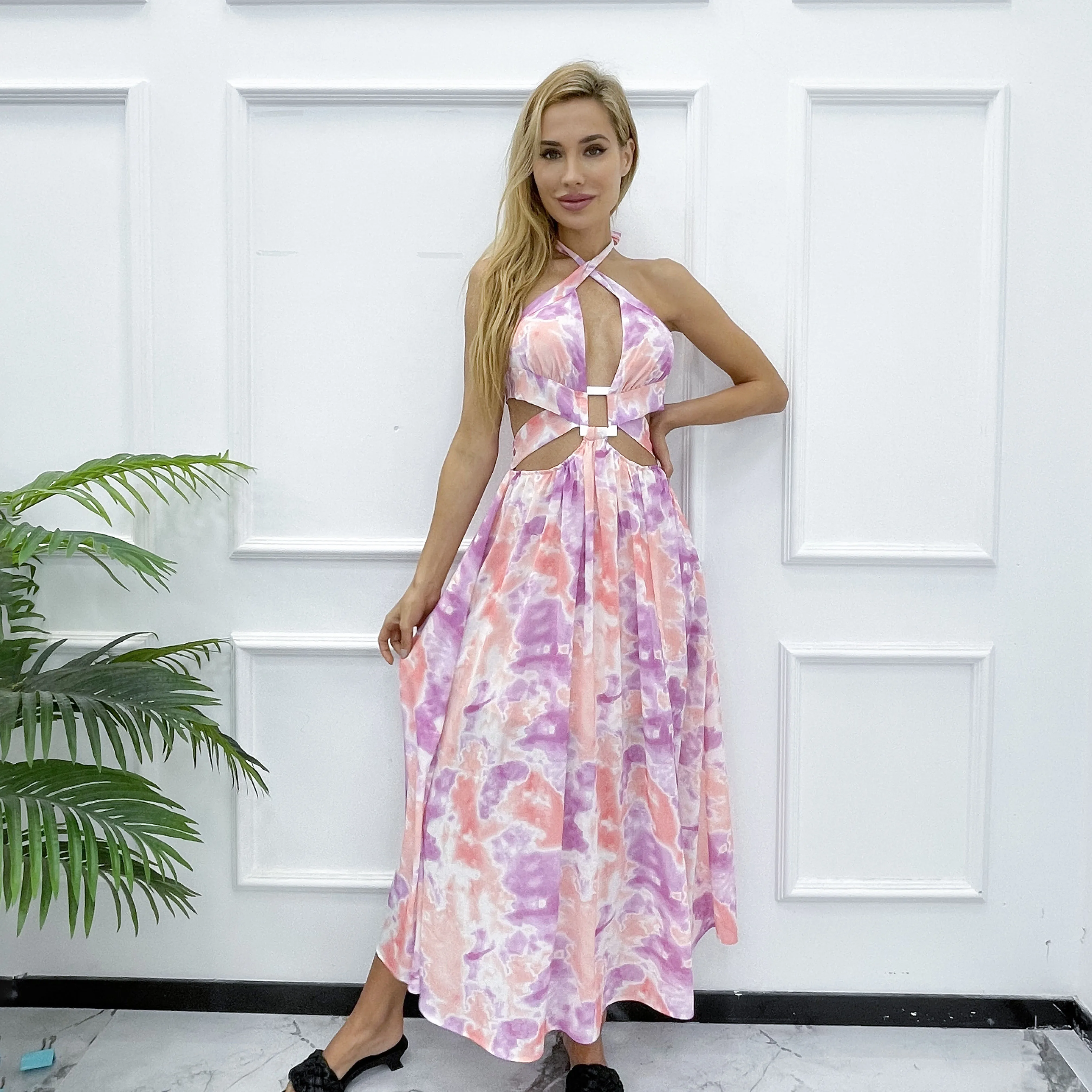 custom straps backless hollow out Halter print slit summer vacation casual midi dresses women