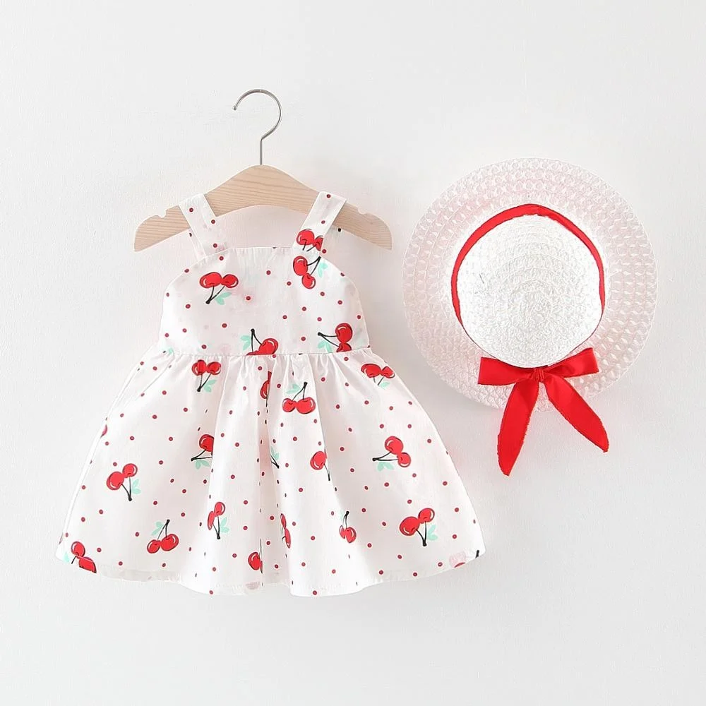 
The Summer Edition Of The New Full Cherry Garter Dress Cherry Straw Hat Skirt Girl Baby Bow Sweet Princess Dress For Girls 