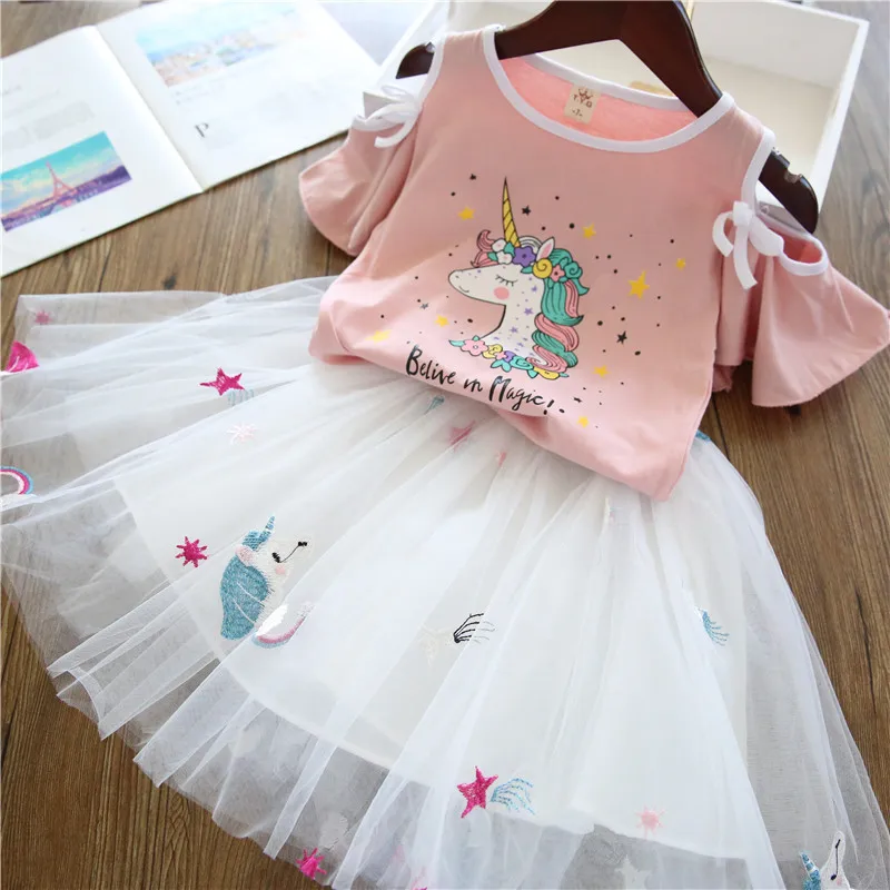 2019 summer hot selling cartoon lace skirt set unicorn baby new fashion 4 year old girls cheap clothes for girl