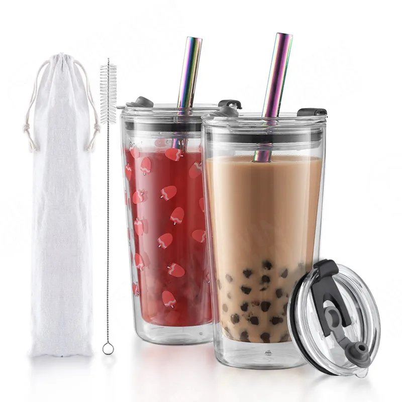 Reusable Borosilicate  Double Wall Glass Boba Tumbler Bubble Mug with Wide Mouth Lid and Straw Glass tea tumbler boba travel mug