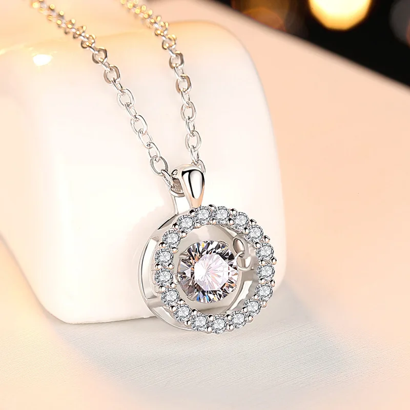 Sterling Silver 925 Jewellery Gold Plated Wholesale Dancing Cubic Zirconia Diamond Stone Round Circle Pendant Necklace For Women
