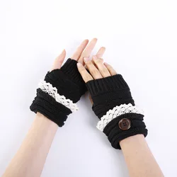 Wholesale Women Fall Winter Short Cuff Lace Patchwork Warm Knit Fingerless Gloves Hand Crochet Thumbhole Arm Warmers Mittens