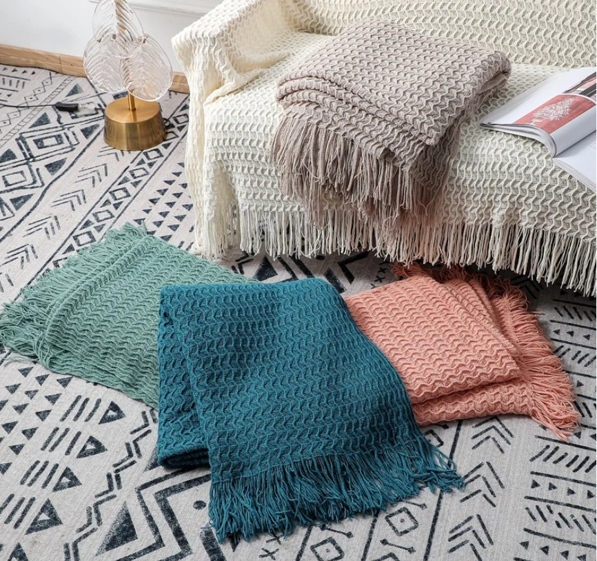 White 100%Cotton polyester Knitted sofa towel Throw sofa blanket Soft Cozy Woven for sofa