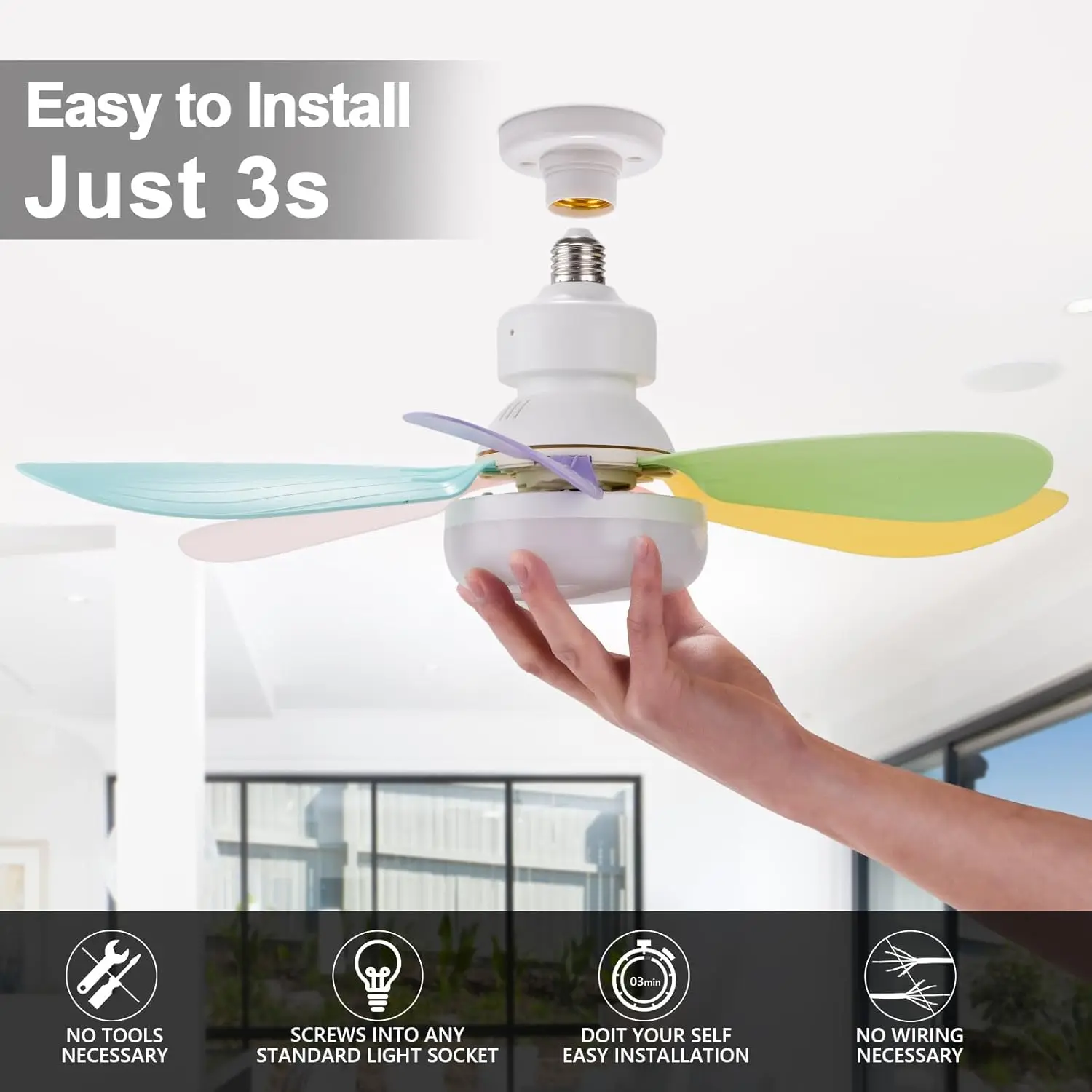 Adjustable ceiling fan with E26 base, screw socket fan for indoor bedroom kitchen living room, multi-color