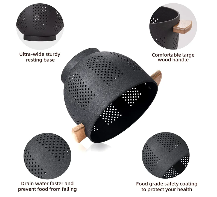 Stainless Steel Colander with Wood Bamboo Handle, 5.5 Quart Powder Coated Steel Large Kitchen Strainer Stable Base,Matte Black