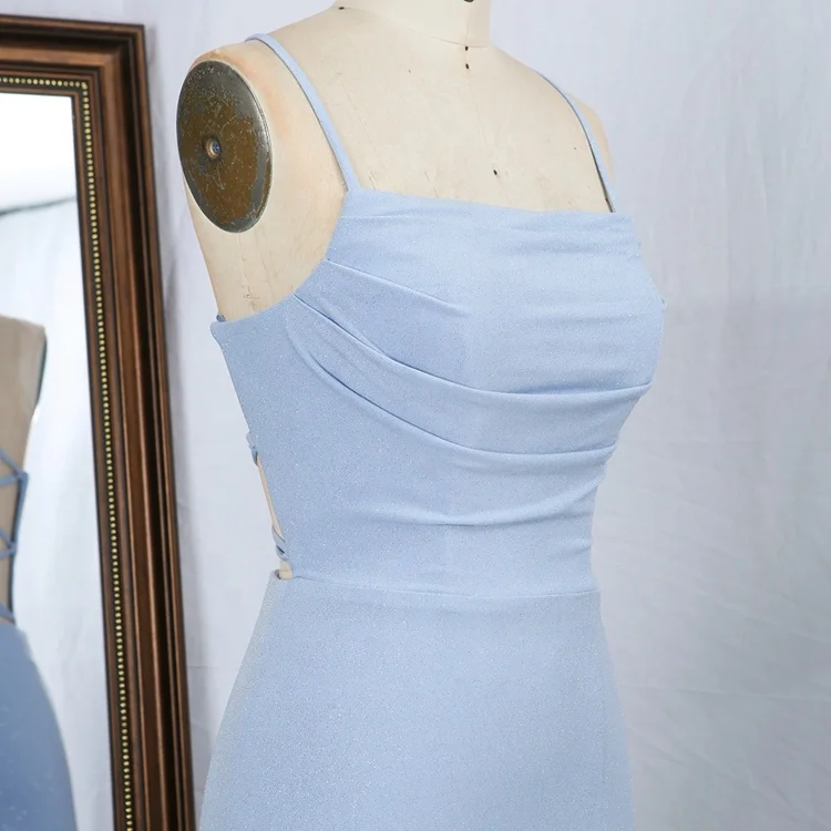 Light Blue hand pleated sleeveless lace up back side slit shiny stretch satin prom dresses