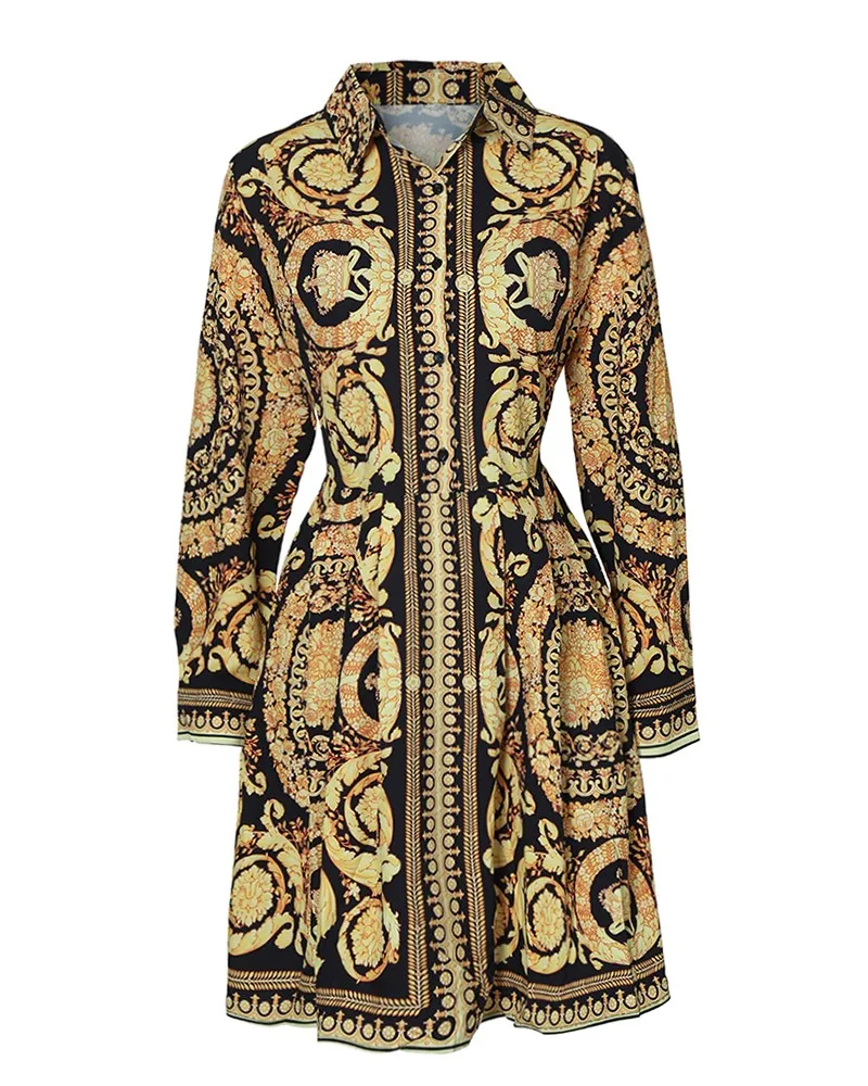 Magicmk Wholesale casual fashion women Dress Vintage Scarf Print Long Sleeve Shirt Dresses