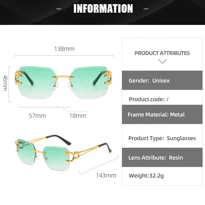 Luxury Rimless Tiger Design Sun Shades Woman Man Sun Glasses Eye Glasses UV 400 Square Metal Multi Color Sunglasses Wholesale