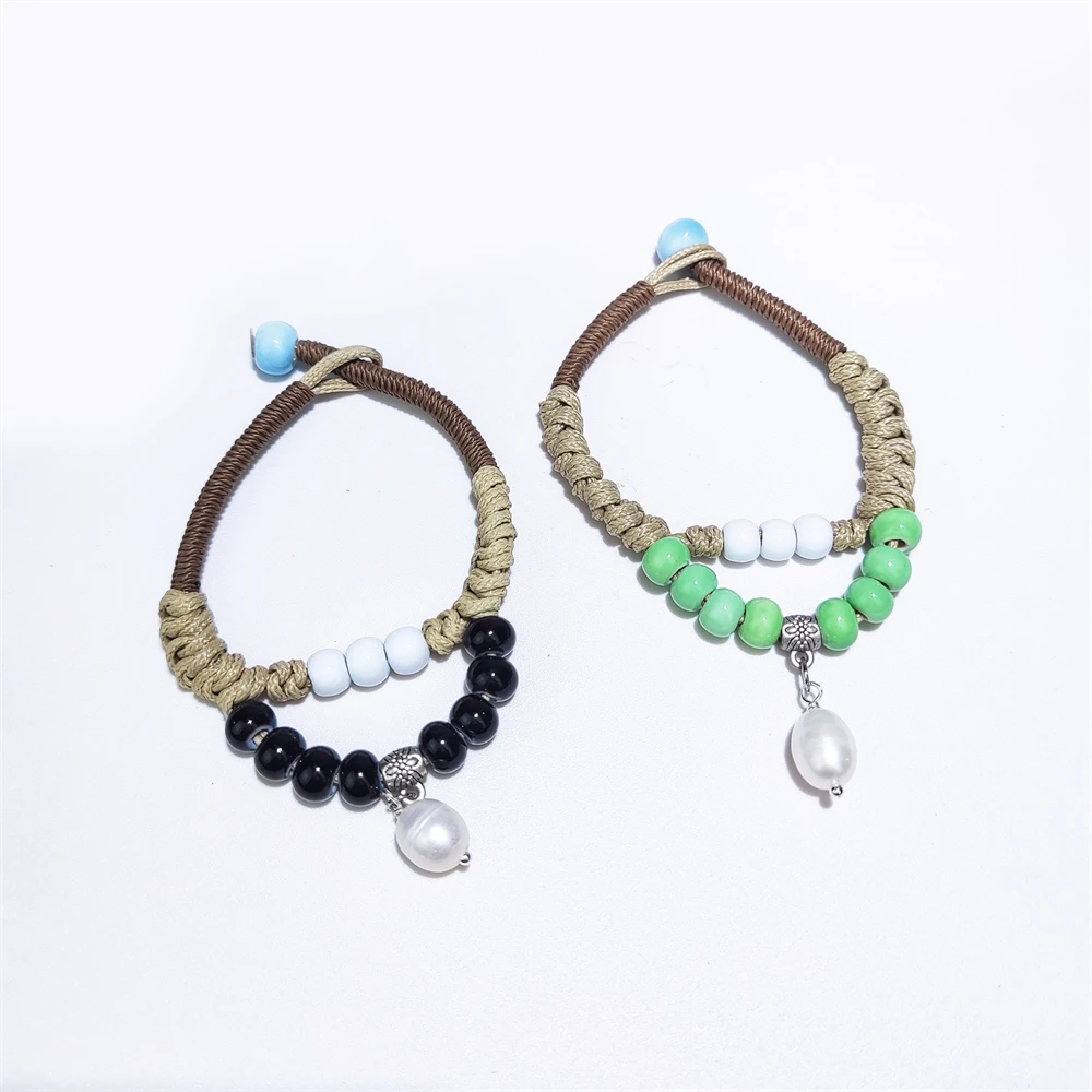 2024 New Arrivals Handmade Woven Leather Rope Bracelet Ceramic Beaded Freshwater Pearl Charms Double Layer Bracelet For Women