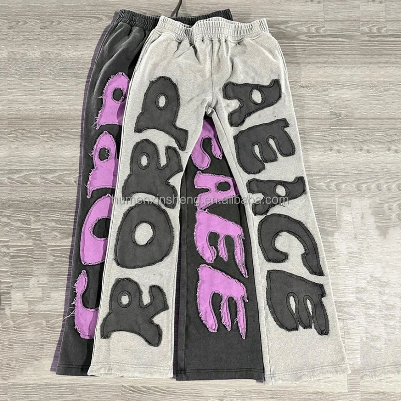 Dongguan clothing Custom distressed embroidery patch logo mens acid wash flare sweatpants jogger pants for men