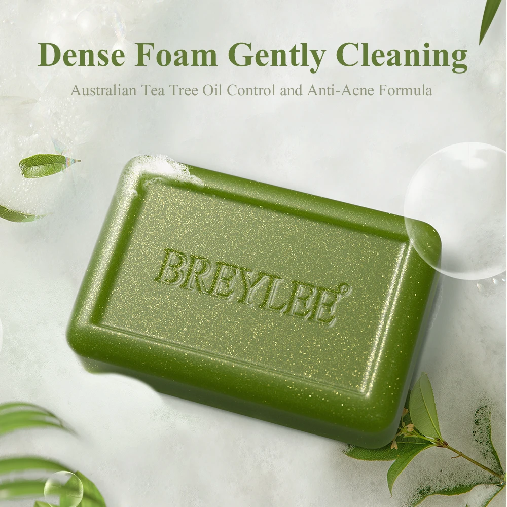 BREYLEE Organic Acne Treatment Tea Tree Soap Handmade Pimples Bar Oil Control Cleans Face Body Skin Care Bath