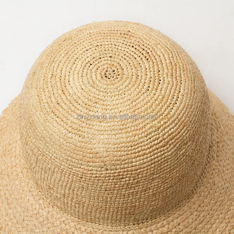 Factory Custom Hand Crocheted Raffia Kettle Brim Hat, Foldable Natural Round Crocheted Raffia Straw Hat, Knitted Raffia Cap