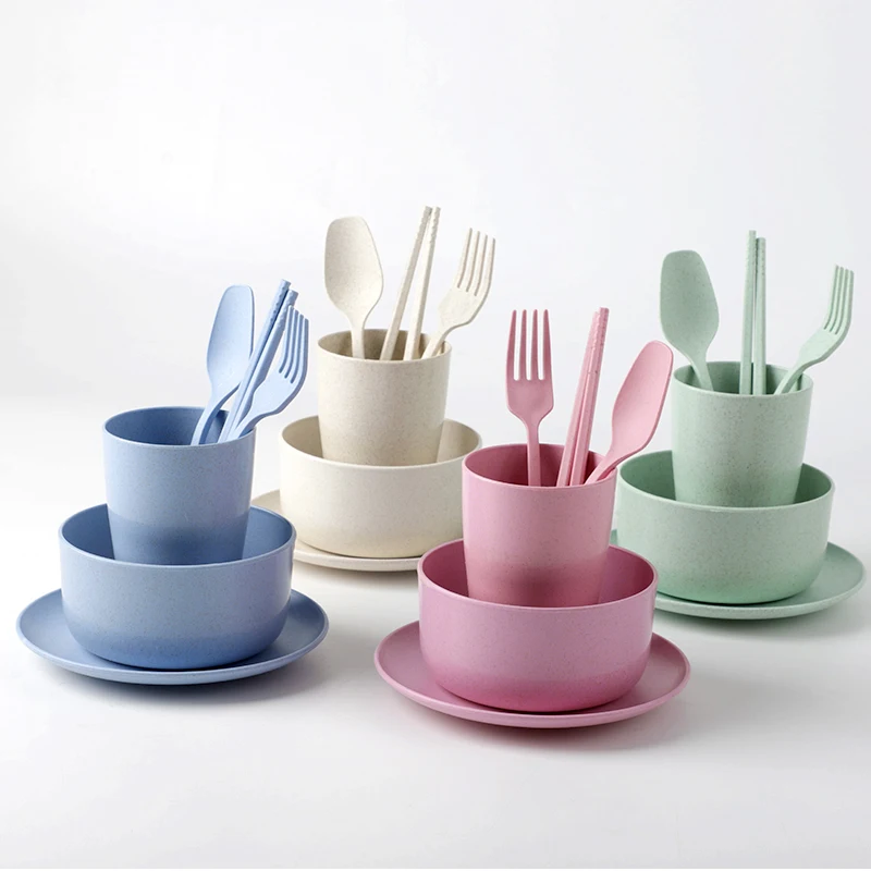 Eco-Friendly Natural Wheat Bowl Straw Wheat Cup Wheat 6Pcs Set Kids Plate Set Bamboo Fiber Bowl