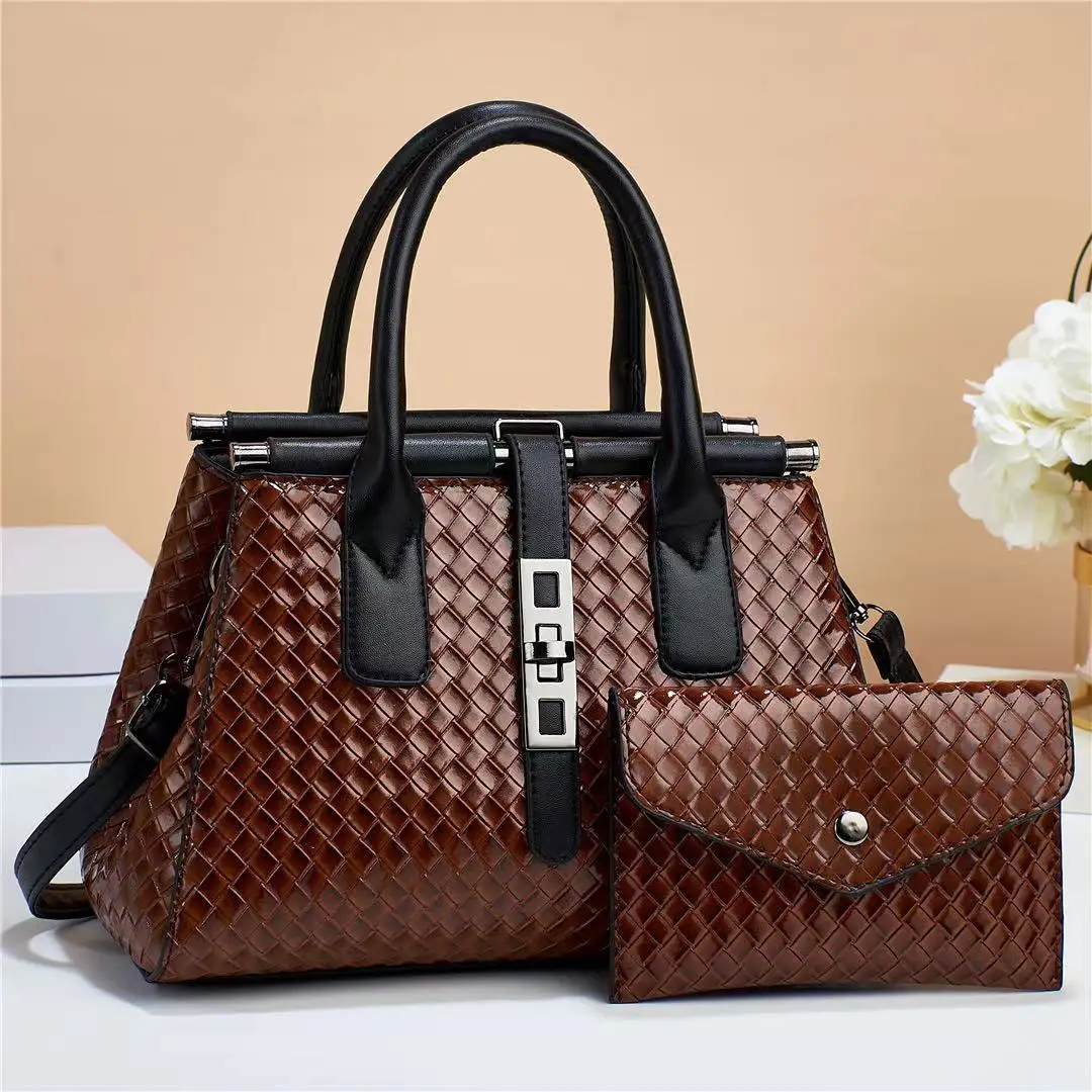 Wholesale woven women purse and handbag fashion shoulder pu leather hand bag set
