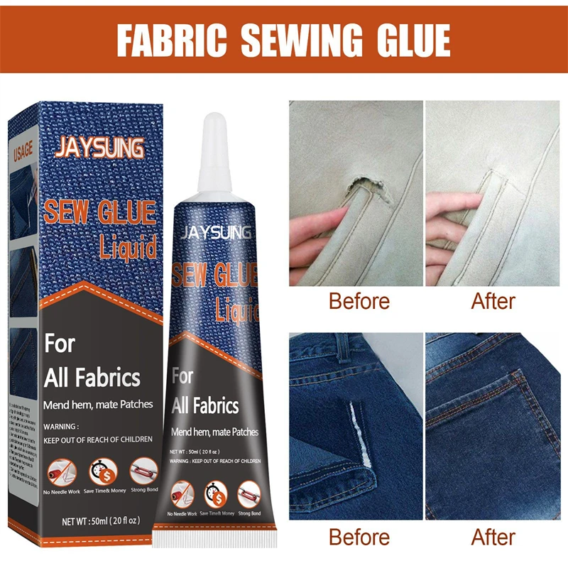 Jaysuing 50ml sew glue liquid denim polyester rack plush silk cotton linen non woven fabrics leather cloth universal sewing glue
