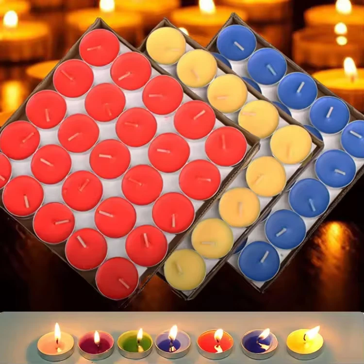 Cheap price high quality party favour scented tealight candles set mini round shape paraffin colored aluminium tealight candle