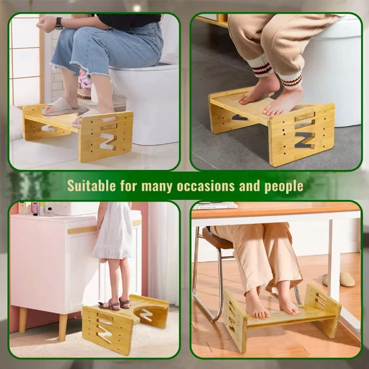 Bathroom Toilet Poop Stool Multi-Height Adjustable Bamboo Potty Stool Non-Slip Mat Squat Stool