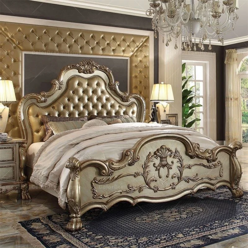 Luxury Bed Room Furniture Bedroom Set Antique Style Palace Princess Bed Bench