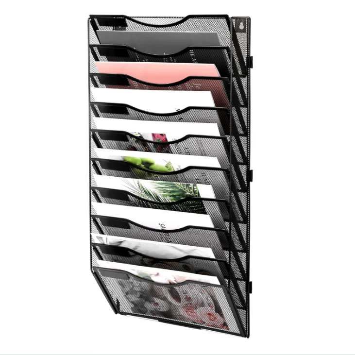 Mesh Wall File Holder 10 Pocket Assembly Office Hanging File Folder Organizer Magazine Rack Mail Sorter Bin