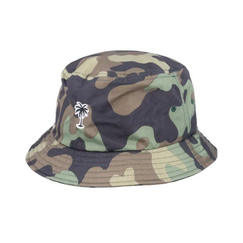 High Quality Summer Palm Logo Green Camo Bucket Hats Custom Logo Wide Brim Outdoor Sun Hat For Men Kids