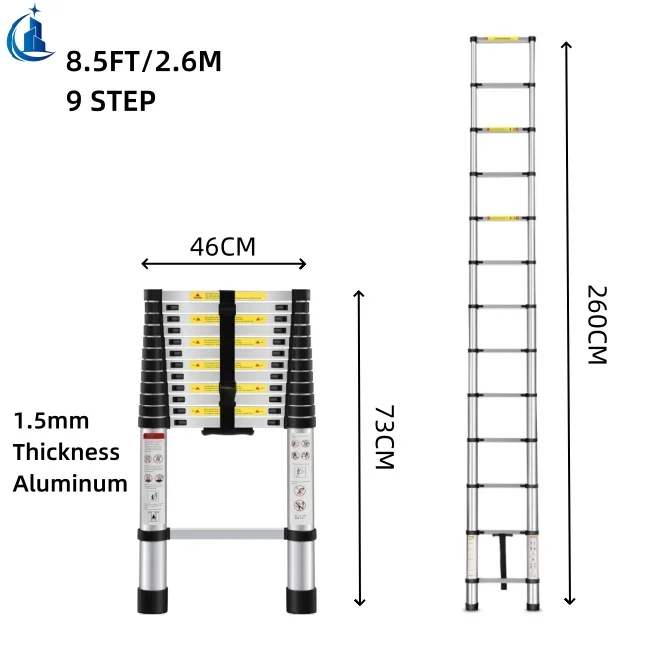 Safety Folding Ladder 8.5ft 2.6m Non-Slip Feet Straight Aluminum Climbing Telescopic Ladder