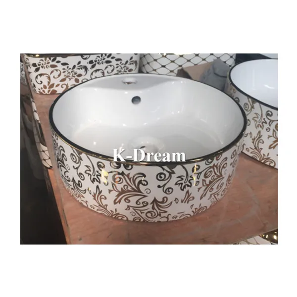
KD-05GBI Golden Shining Ceramic Wash Art Basin Gold Plated Leaf Design Hotel Bathroom Hand Wash Basin 