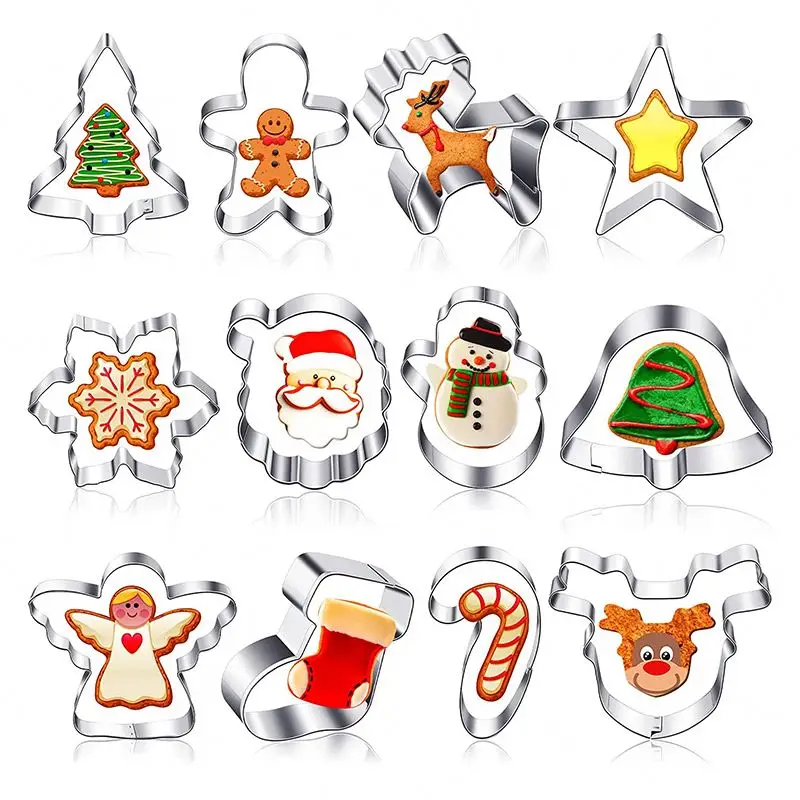 12 pcs Winter Christmas Cookie Cutter Set Snowman Gingerbread Man Cutters Christmas Theme Cookie Molds for Baking Supplies