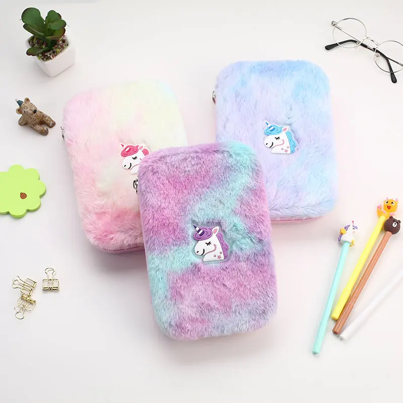 TOPSTHINK Unicorn creative large pencil bag multi layer fluff felt box pencil case for girl