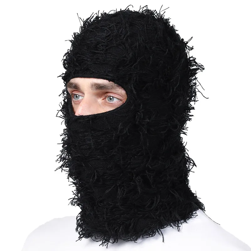 2023 Hot Sale Wholesale One Hole Knit Full Face Cover Ski Mask Custom Distressed Fuzzy Grassy Balaclava For Ski