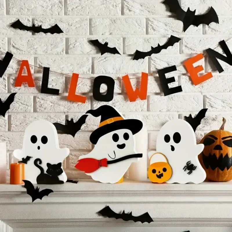 New Cute Ghost Indoor Decoration Doll Black Cat Bat Witch Broom 3pcs set Halloween PVC FigureToys for Kids Decoration