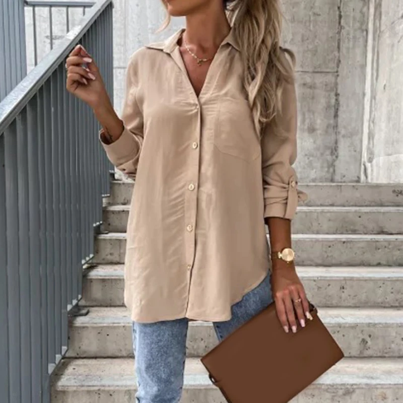2025 Spring Casual Long Sleeve Loose Fit Button Up Collared Shirts Women