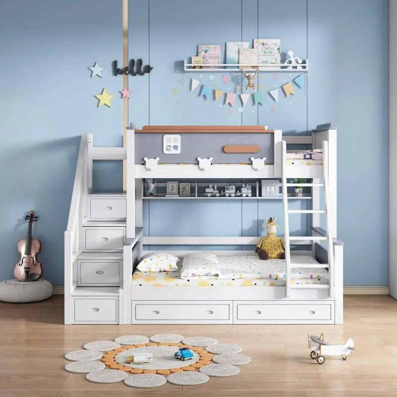 Cheap Kids Bedroom Furniture Solid Wood Cartoon Bed Children Bunk Bed for Stair Storage Study Table With Slide