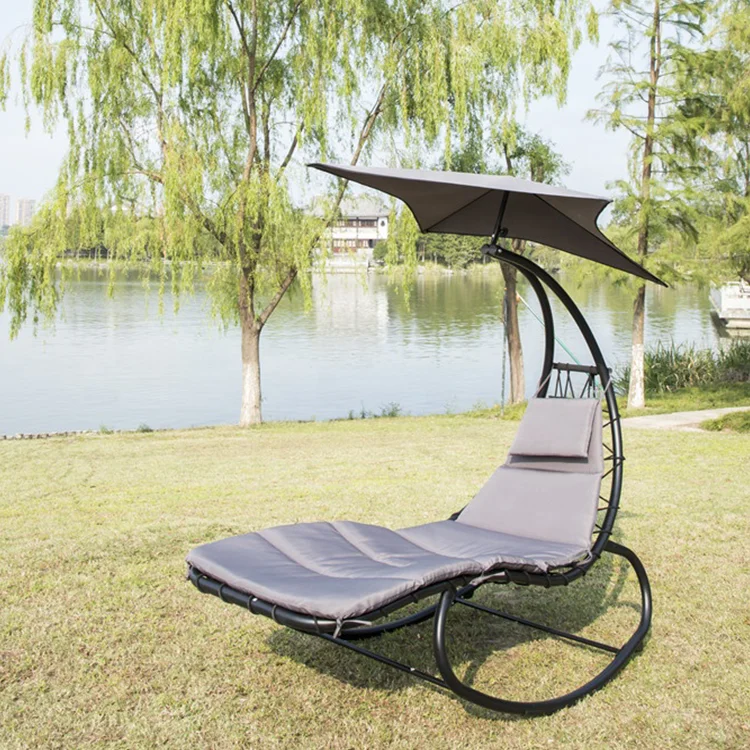 Hanging Curved Chaise Lounge Chair Swing for Backyard indoor outdoor Patio hammock with canopy shade built-in pillow metal frame