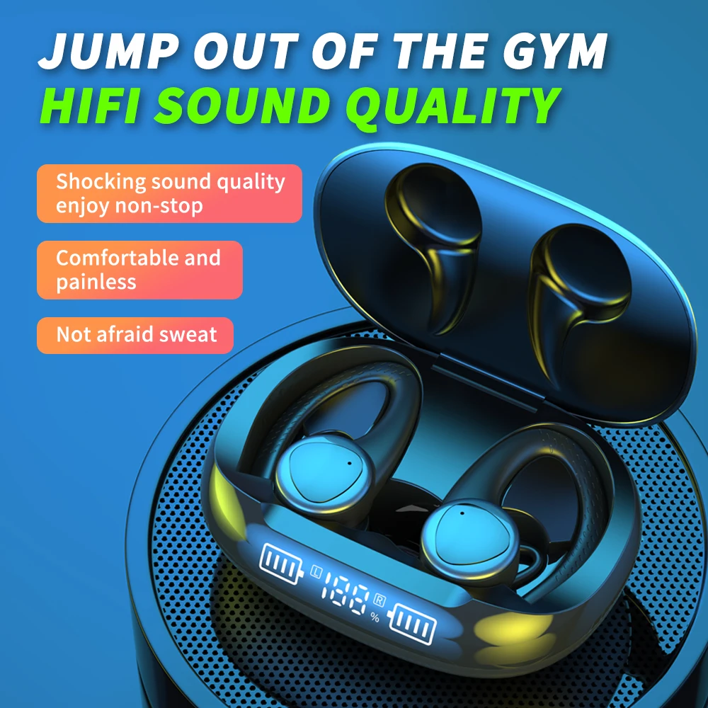 Top selling T09 TWS Wireless Headphones earphone With Microphones Sport Ear Hook LED Display gaming headset logo invisible earbu