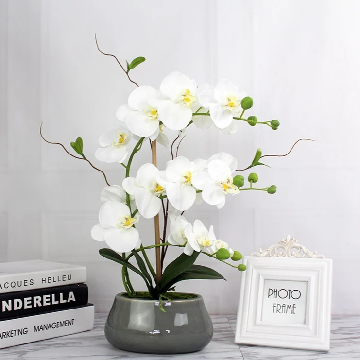 Artificial Flower with Vase Vivid Orchid Flower real touch orchid flower with Pot for Home Office Decorations