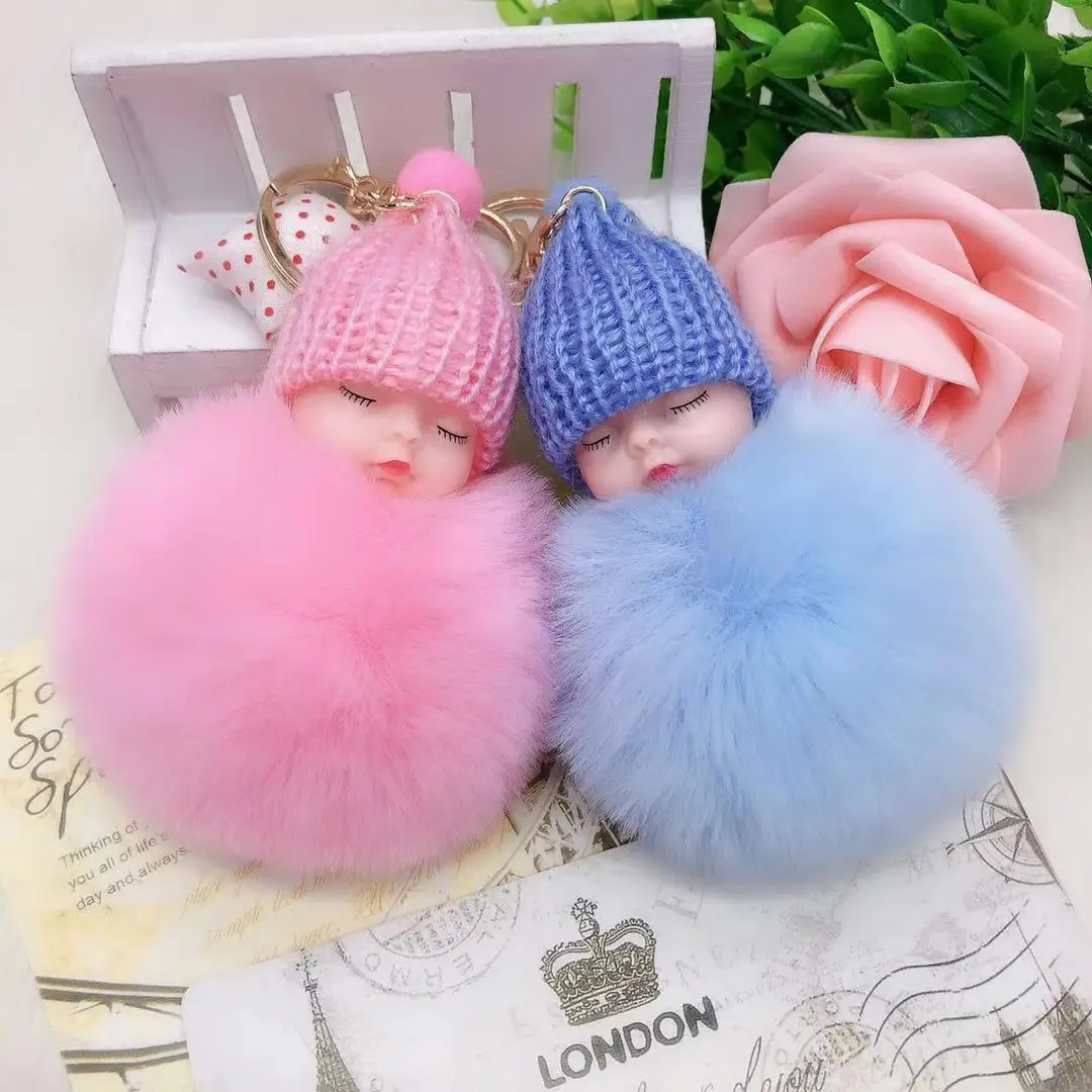 New Sleeping Cute Baby Fur Ball Key Chains Cute Plush Doll Key Chain Sleep Baby Keychain
