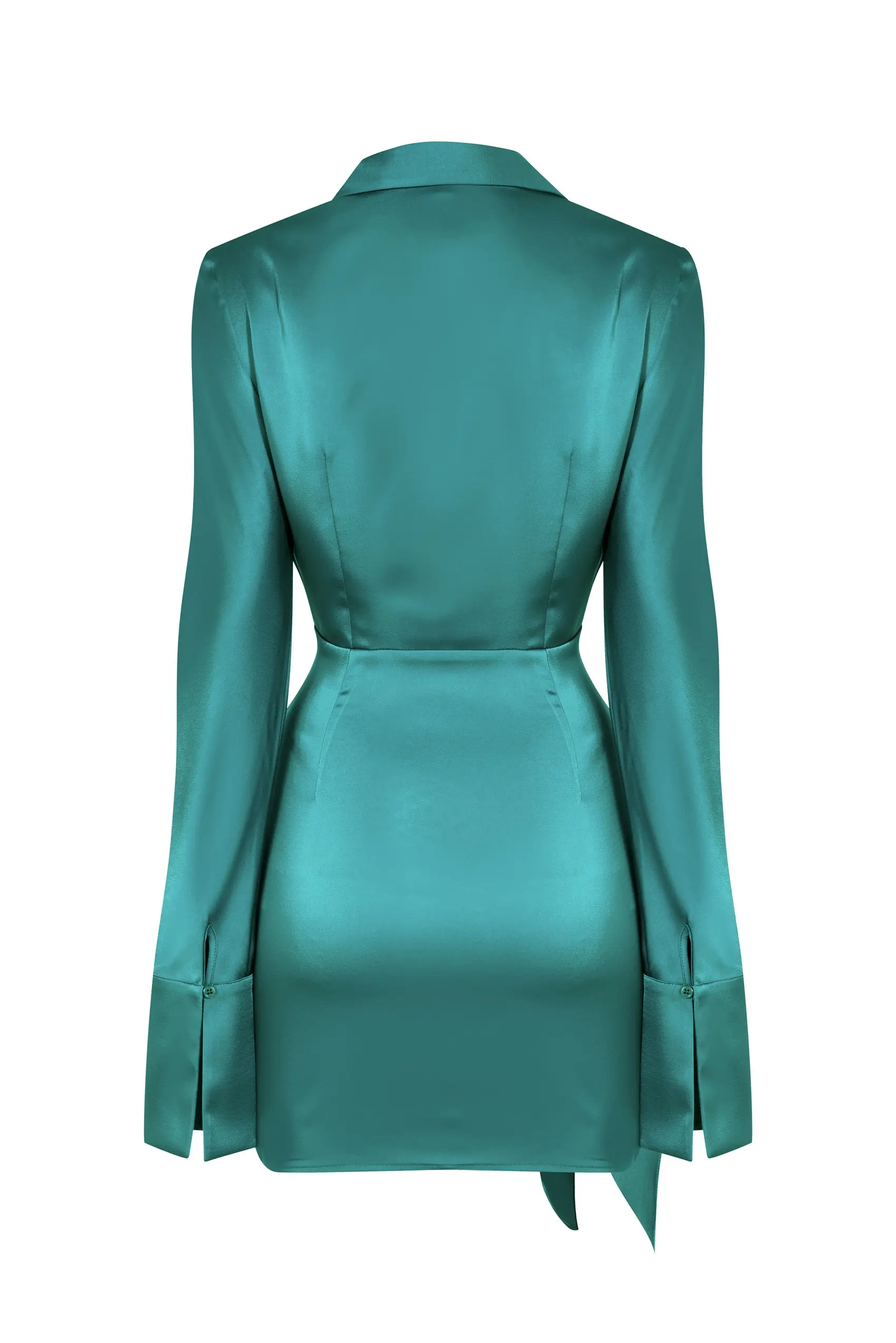 Women Elegant Point Collar Oversize Cuffs Emerald Satin Classic Button-down R&b Style Wrap Mini Skirt Sexy Waist Tie Shirt Dress