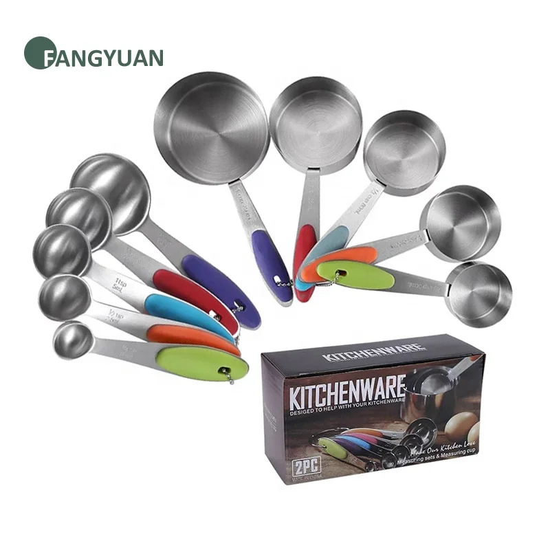 Кухонные высококачественные красочные силиконовые ручки FANGYUAN, измерительные стаканы и ложки из нержавеющей стали, набор со шкалой для еды