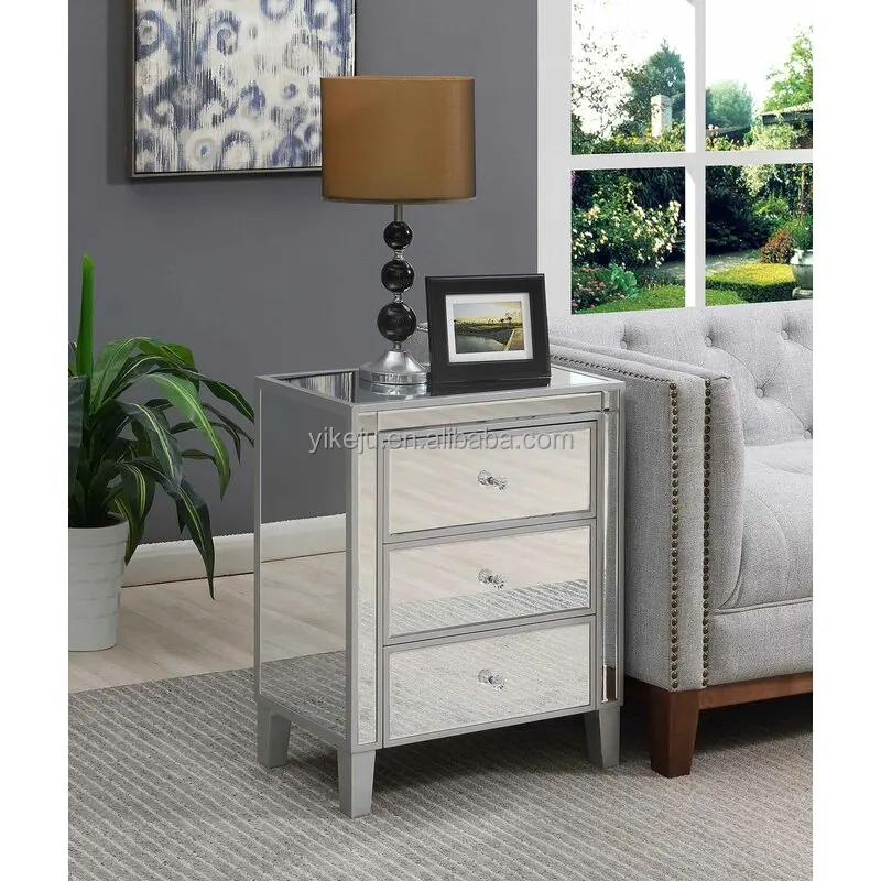 Серебристая твердая древесина, 3 ящика, зеркальный нагрудник, деревянная антикварная тумбочка, шкафы для гостиной, мебель от производителя