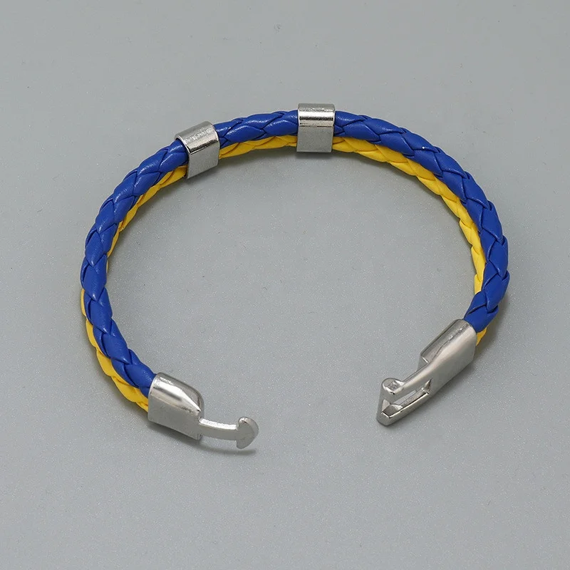 wholesale factory cheap braided PU leather button simple blue yellow bracelet