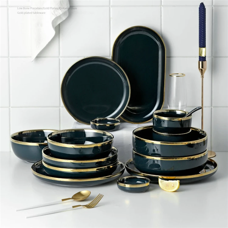 Wholesale luxury wedding tableware green glazed dinnerware plates salad bowls porcelain dinner set with gold rim (62221605690)