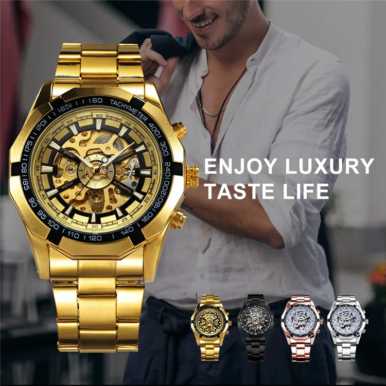 Winner Brand Stainless Steel Watch Men Skeleton Auto Mechanical custom LOGO Watch Male Dress Clock WINNer  246
