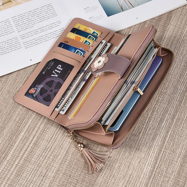 Flowers Long Zipper Closure Wallet Women Long Clutch Wallet with Tassels Factory Wholesale Leather Wallets for Women Fashionable