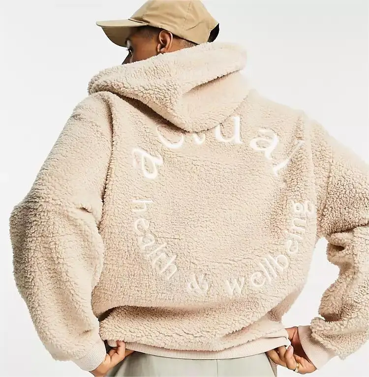 OEM China Factory Custom Beige Letter Embroidery Teddy Fleece Oversized Drawstring Hood Man Hoodie