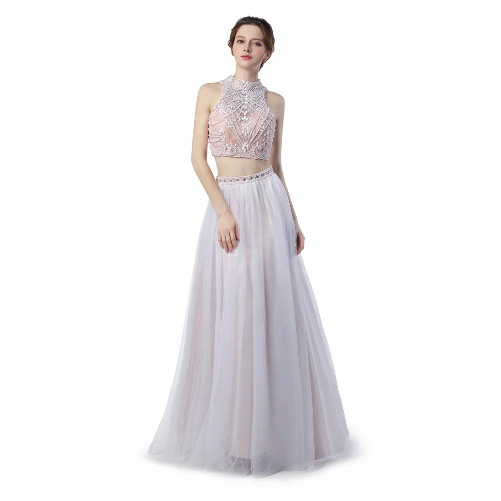 2 in 1 Two Pieces Halter Beaded Prom Evening Dresses Light Pink Tulle See Through Open Back Sexy Prom Evening Formal Gown